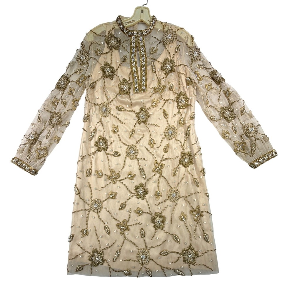 Handmade Vintage Palm Beach Gold Silk Beaded Dress 14 M / L Long Sleeve
